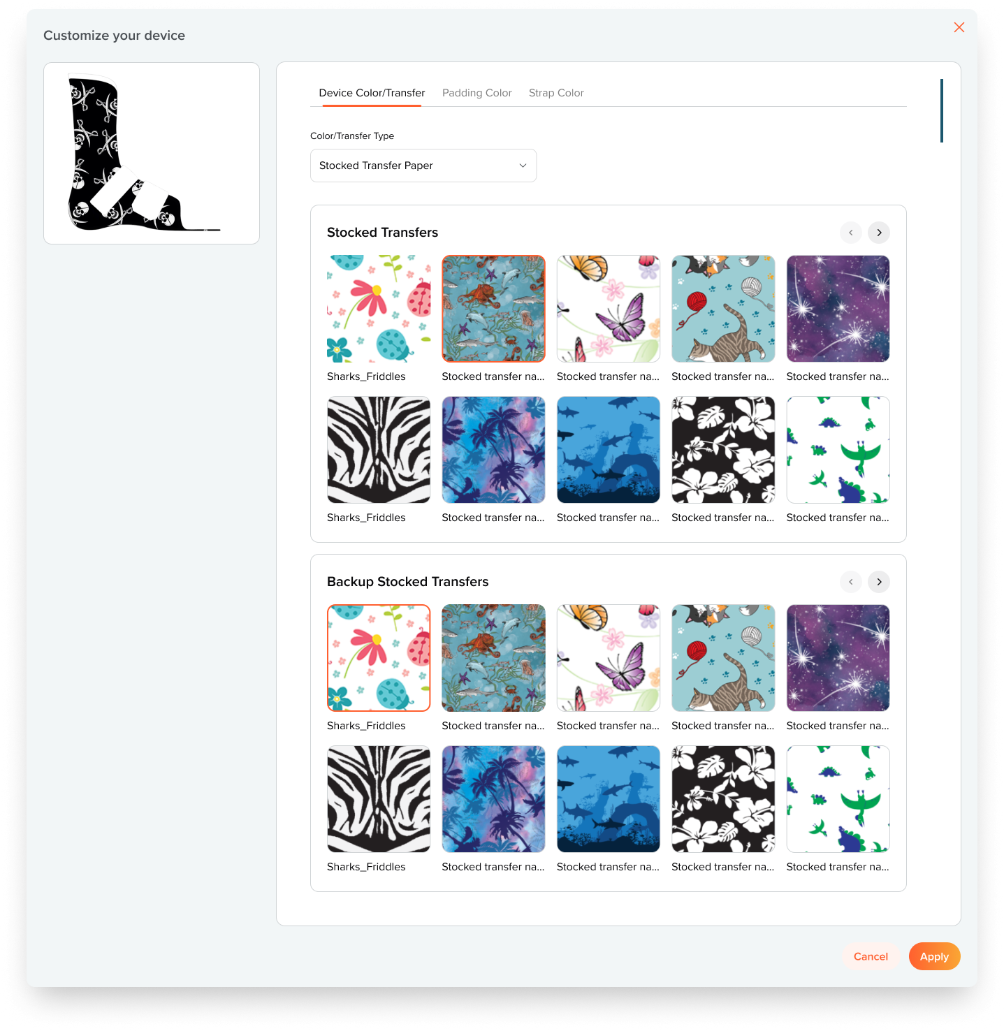 Configurator customize step with transfer patterns