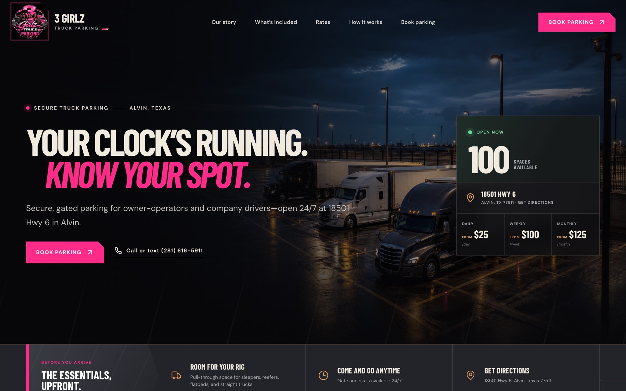 3 Girlz Truck Parking homepage: Your clock's running. Know your spot.